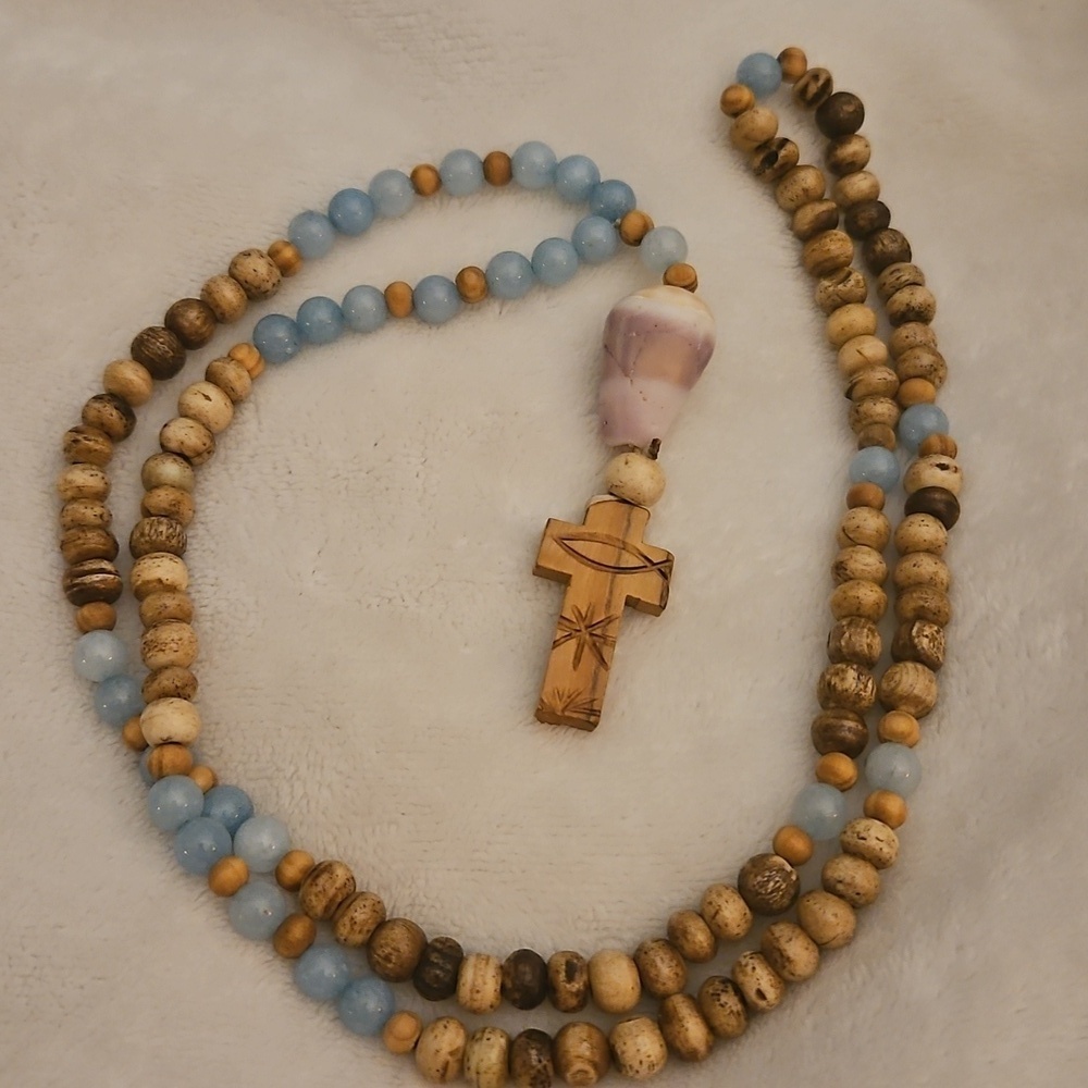 HANDMADE Jasper and Blue Quartz Beaded Shell Olive Wood Cross Prayer Rope - Picture 5 of 12